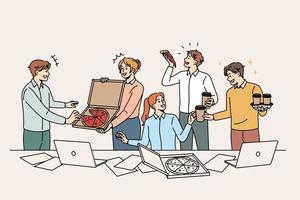 fiesta corporativa y concepto de celebración. grupo de jóvenes colegas trabajadores comiendo pizza bebiendo café en la oficina durante la ilustración de vector de fiesta