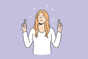 Feeling hope with crossed fingers concept. Young positive woman cartoon character standing with eyes closed holding fingers crossed vector illustration