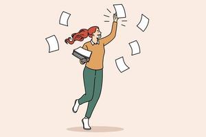 Multi tasking and work concept. Young smiling woman cartoon character walking in office collecting flying paper sheets with tasks vector illustration