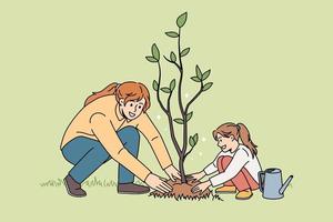 Smiling young mother and small daughter plant seedling in ground take care of environment. Happy mom and little girl child grow tree engaged in gardening activity together. Vector illustration.