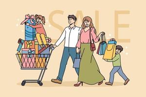 familia feliz con niños comprando juntos comprando regalos para año nuevo en el centro comercial. los padres sonrientes y los niños pequeños compran regalos para la celebración navideña de las vacaciones de invierno. ilustración vectorial plana. vector