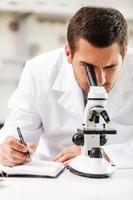 Looking at the future of science. Serious young scientist in white uniform using microscope and writing in note pad while sitting at his working place photo