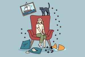 Mess and disorder from cat concept. Young frustrated girl sitting on armchair looking at broken vase and prints on wall from her cat vector illustration