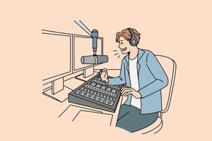 un presentador sonriente con auriculares habla en el micrófono de la radio con los oyentes. el anfitrión del hombre feliz presente en línea tiene comunicación con los seguidores. concepto de entretenimiento. ilustración vectorial vector