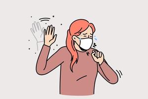 Unhealthy woman in facemask cough suffer from seasonal allergy symptoms. Unwell sick girl in facial mask struggle with covid-19, have fever and cold. Corona virus pandemics. Vector illustration.
