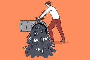 Struggle with oil trash concept. young stressed man standing trying to close pipe with running black oil products garbage from it vector illustration