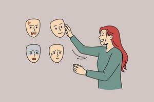 Choosing mood and bipolar disorder concept. Young woman with happy face mask standing and choosing expression between anger rage unhappiness and satisfaction vector illustration