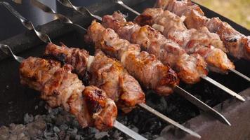 closeup shish kebabs grelhar em fogo aberto ao ar livre. kebabs de carne cozinhando no braseiro do lado de fora. carne de porco assando em espetos de metal para festa no quintal video