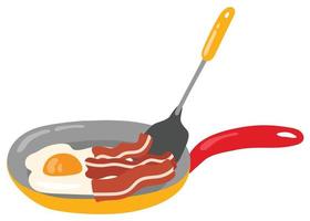 Spatula and frying pan with fried eggs and bacon. Hand drawn vector illustration. Suitable for website, stickers, gift cards.