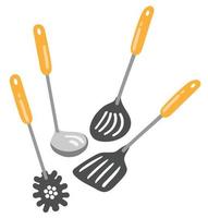 Skimmer, ladle, spoon for spaghetti. Kitchen set. Hand drawn vector illustration. Suitable for website, stickers, gift cards.