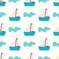 Pattern of boat and wave on light background. Vector image for use in linen textiles or as print
