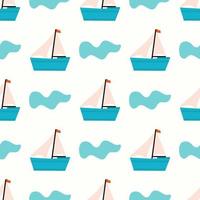 Pattern of boat and wave on light background. Vector image for use in linen textiles or as print