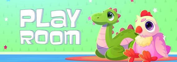 banner de dibujos animados de sala de juegos con lindos juguetes de peluche para niños vector