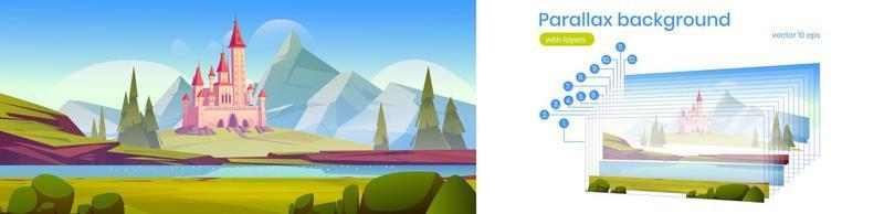 Parallax background with castle in mountain valley vector