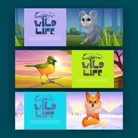 Wildlife posters with cute fox, bird, and mouse vector