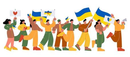 personas con banderas protestan contra la guerra en ucrania vector
