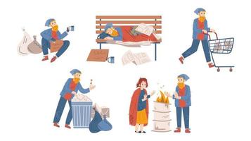 Homeless people beggars male and female characters vector