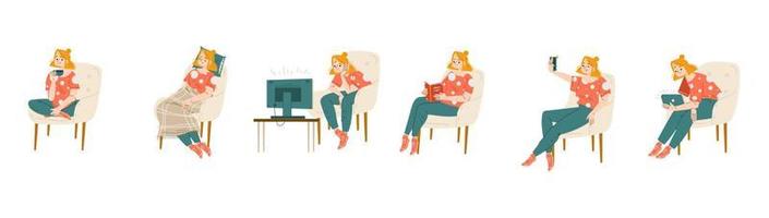 Woman sitting on comfortable chair isolated set vector