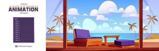 terraza de casa de madera con animación 2d de mar tropical vector