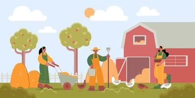 Farmers working on farm with barn, agriculture vector