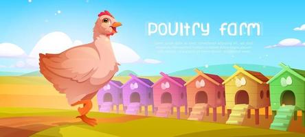 Poultry farm cartoon banner with chicken and coops vector