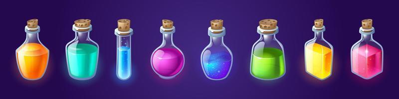 Bottles with magic potion, alchemy elixir vector