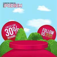 Abstract 3d red green realistic display podium scene. Product show with natureplace podium vector rendering 3d shapes mockup