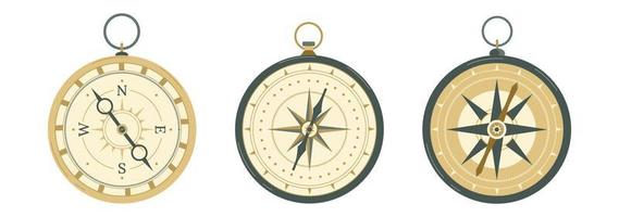 Retro compasses with rose of wind, arrow, loop vector