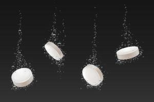 Soluble pills with fizz air bubbles trail in water vector