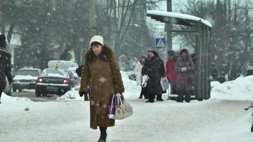 Pedestrians walk along the streets, the snow falls video
