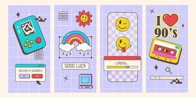 Retro browser computer window in 90s vaporwave style with smile face. Desktop PC with message windows and pop-up user interface elements. Vector illustration