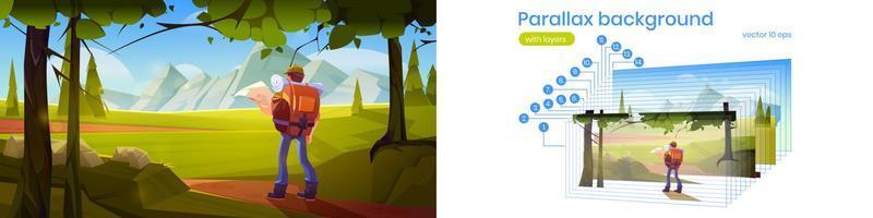 Parallax background traveler at nature landscape vector