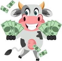 vaca con dinero, ilustración, vector sobre fondo blanco.