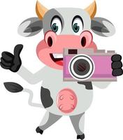 Cow with camera, illustration, vector on white background.