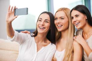 Fun in focus. Three beautiful young women making selfie and smiling while sitting on the couch together photo