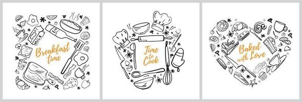 Cooking, baking and food background set. Cooking banner for menu, recipes at cafe, pastry shop, bakery. Square and heart doodle frame. Nice design and decorate element or card for bakery, pastry shop. vector