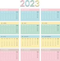 calendario para 2023, calendario de colores pastel 2023, diseño de calendario vectorial 2023, calendario 2023 la semana comienza el lunes vector