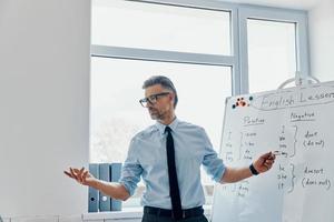 Confident English teacher pointing whiteboard while standing at the classroom photo