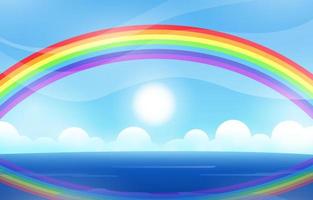 Seascape with Rainbow on Cloudy Sky Background vector