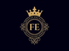 Letter FE Antique royal luxury victorian logo with ornamental frame. vector