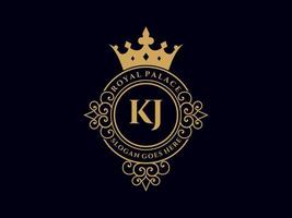 letra kj logotipo victoriano de lujo real antiguo con marco ornamental. vector