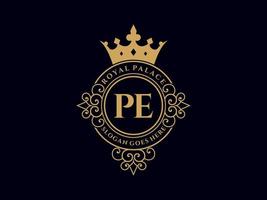 Letter PE Antique royal luxury victorian logo with ornamental frame. vector