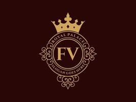 Letter FV Antique royal luxury victorian logo with ornamental frame. vector