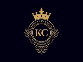 Letter KC Antique royal luxury victorian logo with ornamental frame. vector
