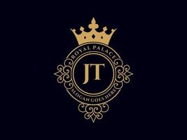 Letter JT Antique royal luxury victorian logo with ornamental frame. vector