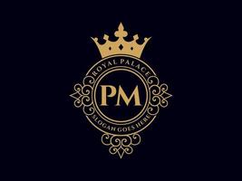 Letter PM Antique royal luxury victorian logo with ornamental frame. vector