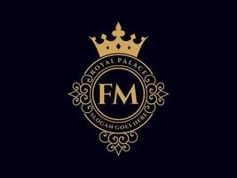 Letter FM Antique royal luxury victorian logo with ornamental frame. vector