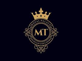 Letter MT Antique royal luxury victorian logo with ornamental frame. vector