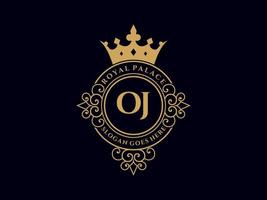 Letter OJ Antique royal luxury victorian logo with ornamental frame. vector