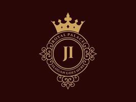 Letter JI Antique royal luxury victorian logo with ornamental frame. vector